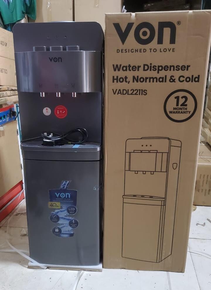 VON Water Dispenser 3 Tap Hot & Cold & Normal Electric Cooling With Cabinet Push Button Child Lock Safety- SILVER