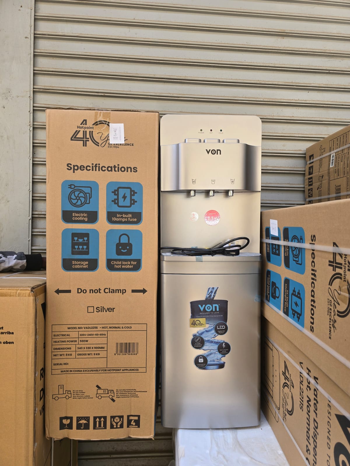 VON Water Dispenser 3 Tap Hot & Cold & Normal Electric Cooling With Cabinet Push Button Child Lock Safety- SILVER