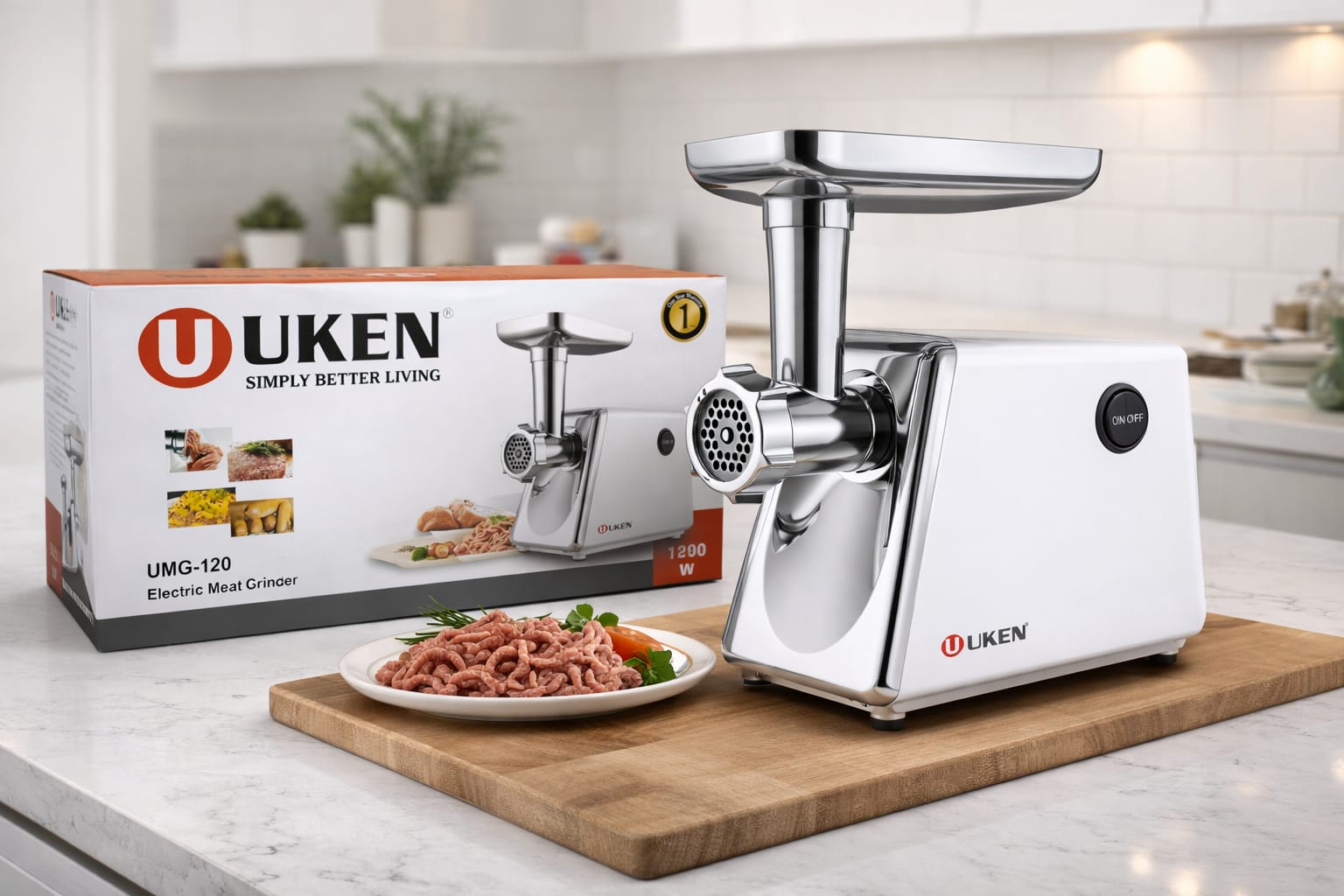 Uken multipurpose Electric meat grinder and mincer and sausage maker UMG-120 with stainless steel feeding tray 1200W with 1yr warranty