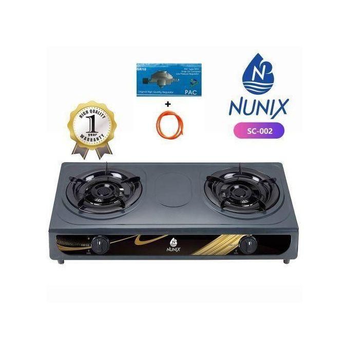 Nunix stainless Steel Table Top 2 Burner Gas Cooker SC001/SC002 with auto ignition + 6kg gas Regulator + 1.5M gas Pipe + 2 clips black