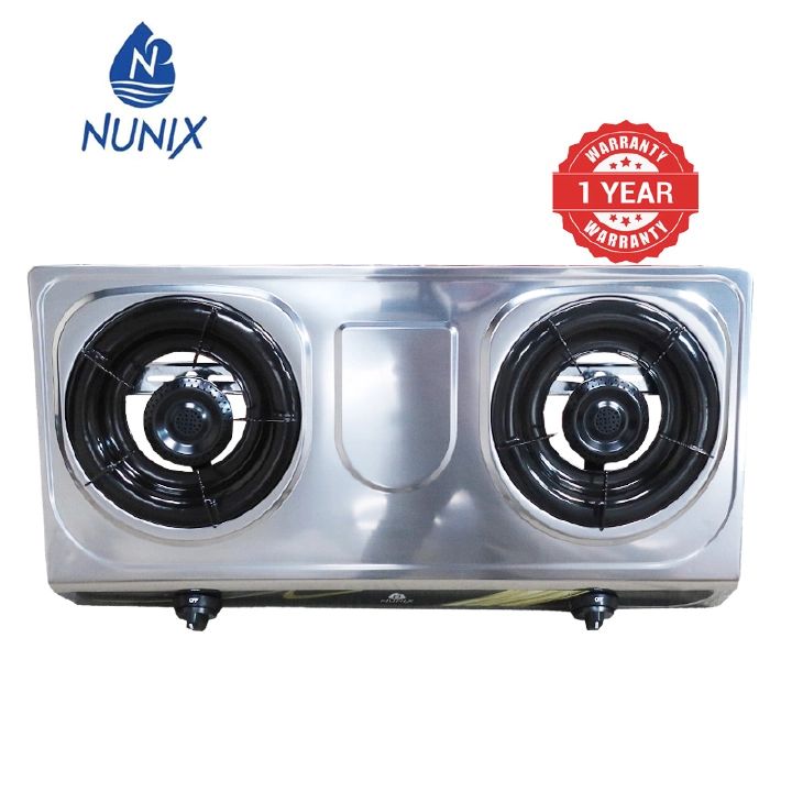 Nunix stainless Steel Table Top 2 Burner Gas Cooker SC001/SC002 with auto ignition + 6kg gas Regulator + 1.5M gas Pipe + 2 clips black