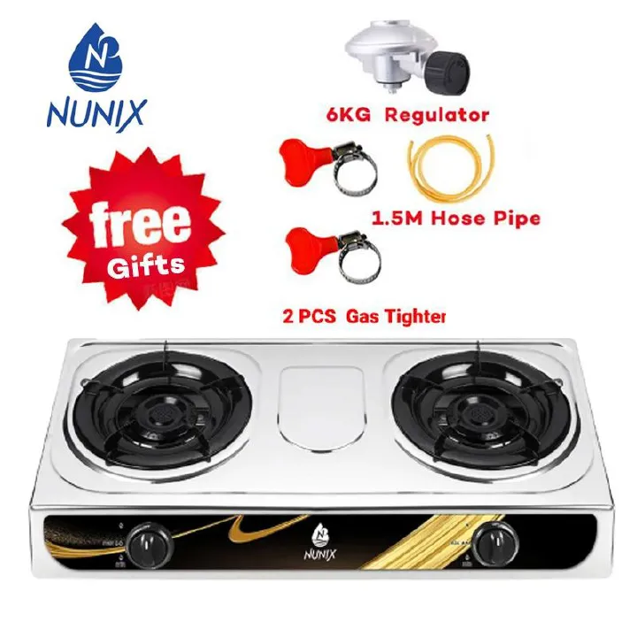 Nunix stainless Steel Table Top 2 Burner Gas Cooker SC001/SC002 with auto ignition + 6kg gas Regulator + 1.5M gas Pipe + 2 clips black