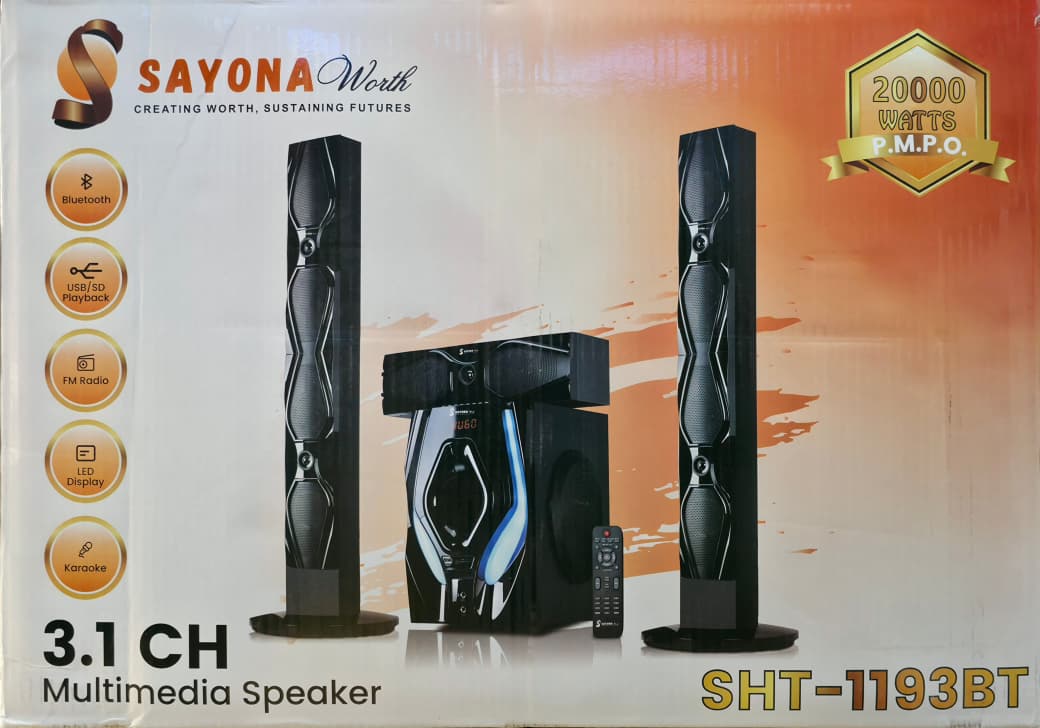 Sayona SHT-1193BT 3.1CH Subwoofer speaker system with Tall Boy Speakers 18000W P.M.P.O Bluetooth home theater system with remote control