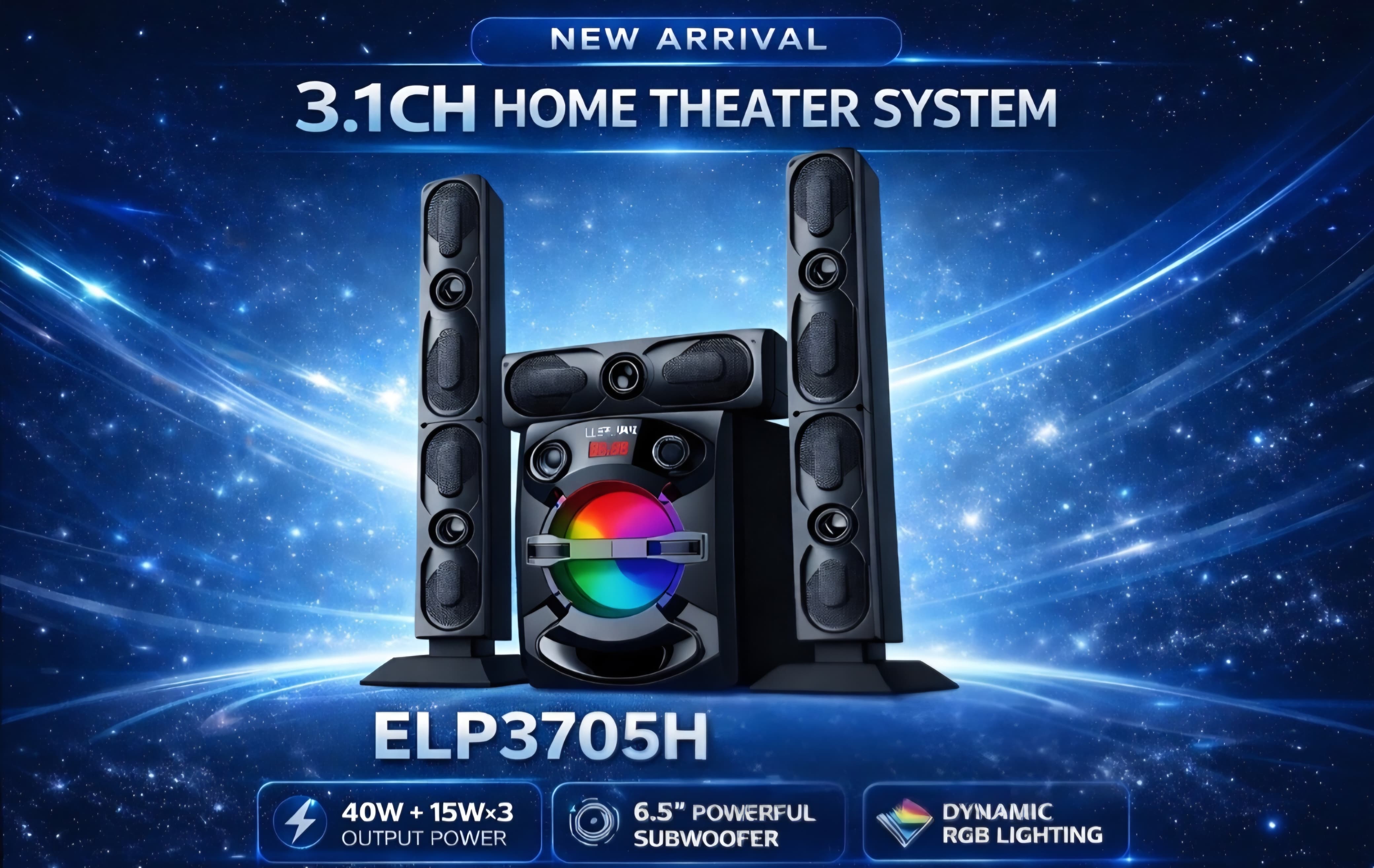 Ailyons ELP-3705H 3.1CH Home theater subwoofer speaker system with Dynamic RGB Lighting Bluetooth FM radio and remote control 40W+15Wx3 power output
