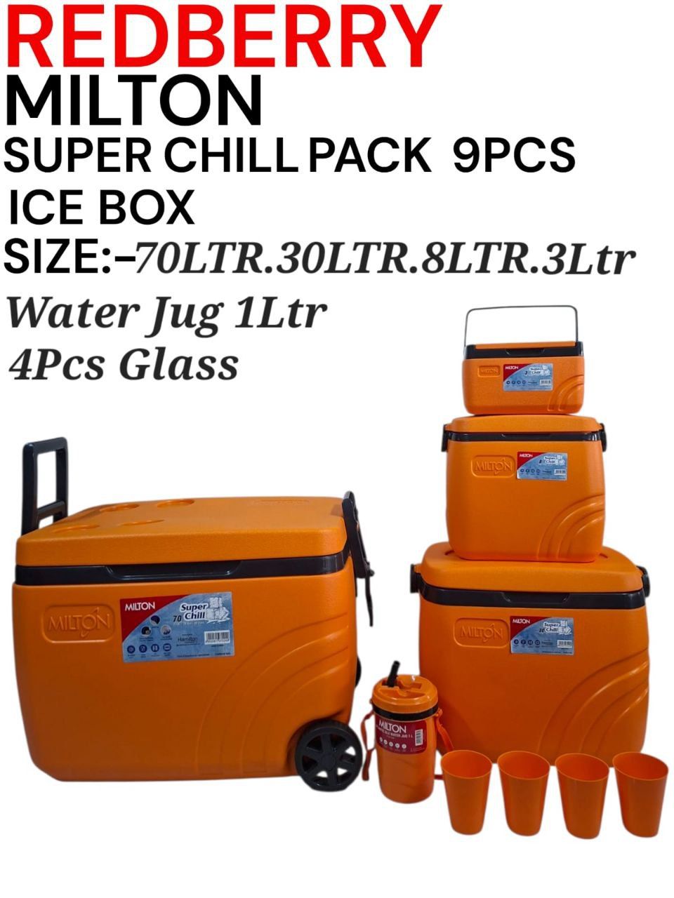 Milton Super chill pack 9pcs 112L ice cooler box set Sizes 70L,30L,8L,3L,1L water jug and 4pcs water glass