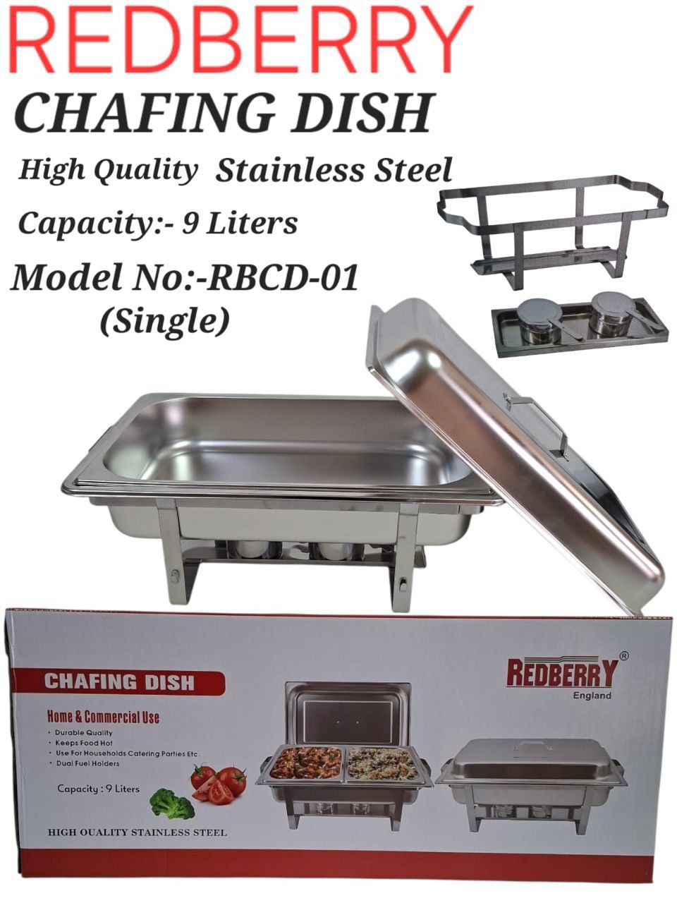 Redberry Chaffing dish 9L Stainless steel Heavy duty Redberry chafing dish for food storage and serving services to keep hot or warm for a longer period of time, single, double or triple partitioned