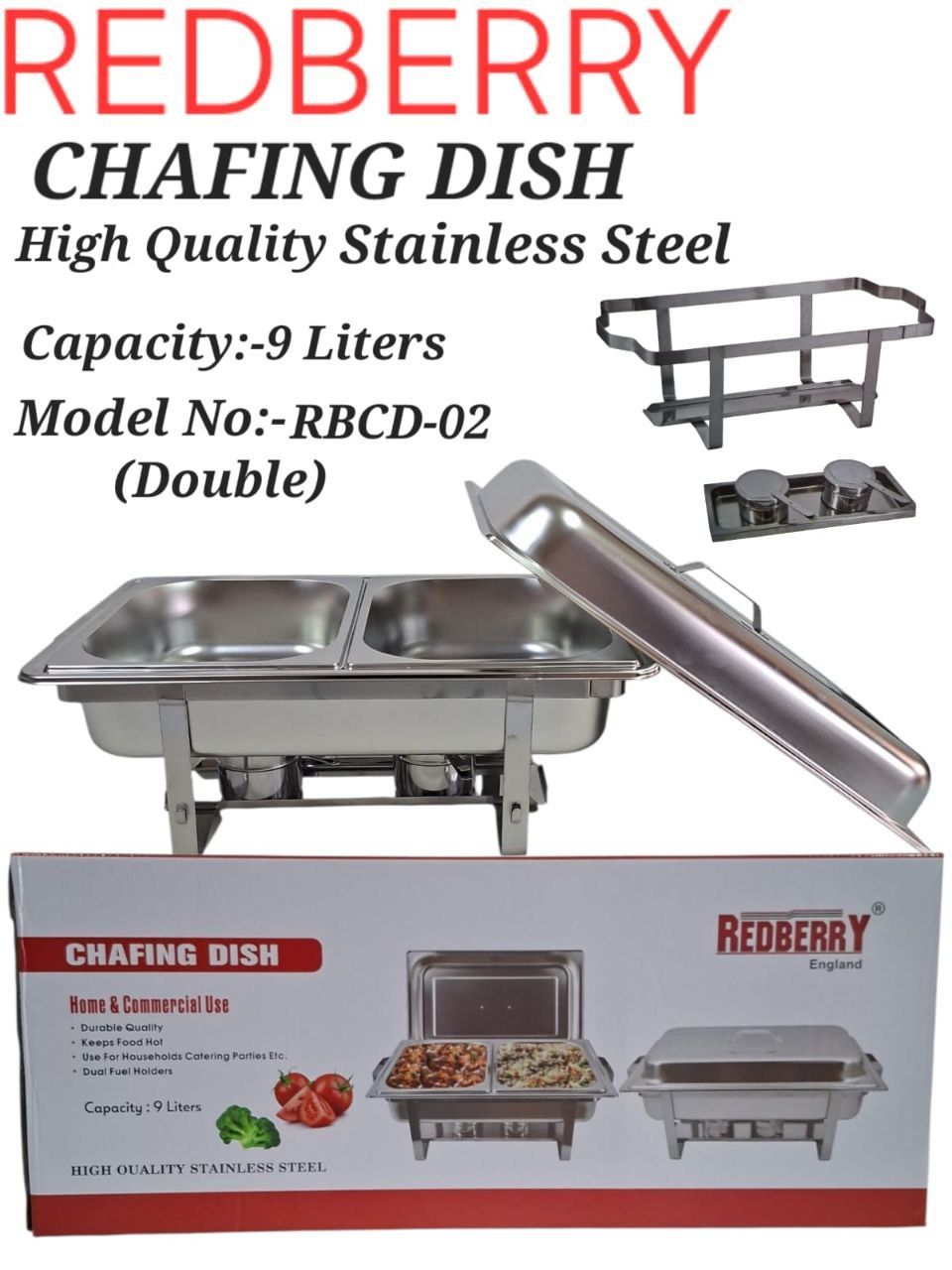 Redberry Chaffing dish 9L Stainless steel Heavy duty Redberry chafing dish for food storage and serving services to keep hot or warm for a longer period of time, single, double or triple partitioned