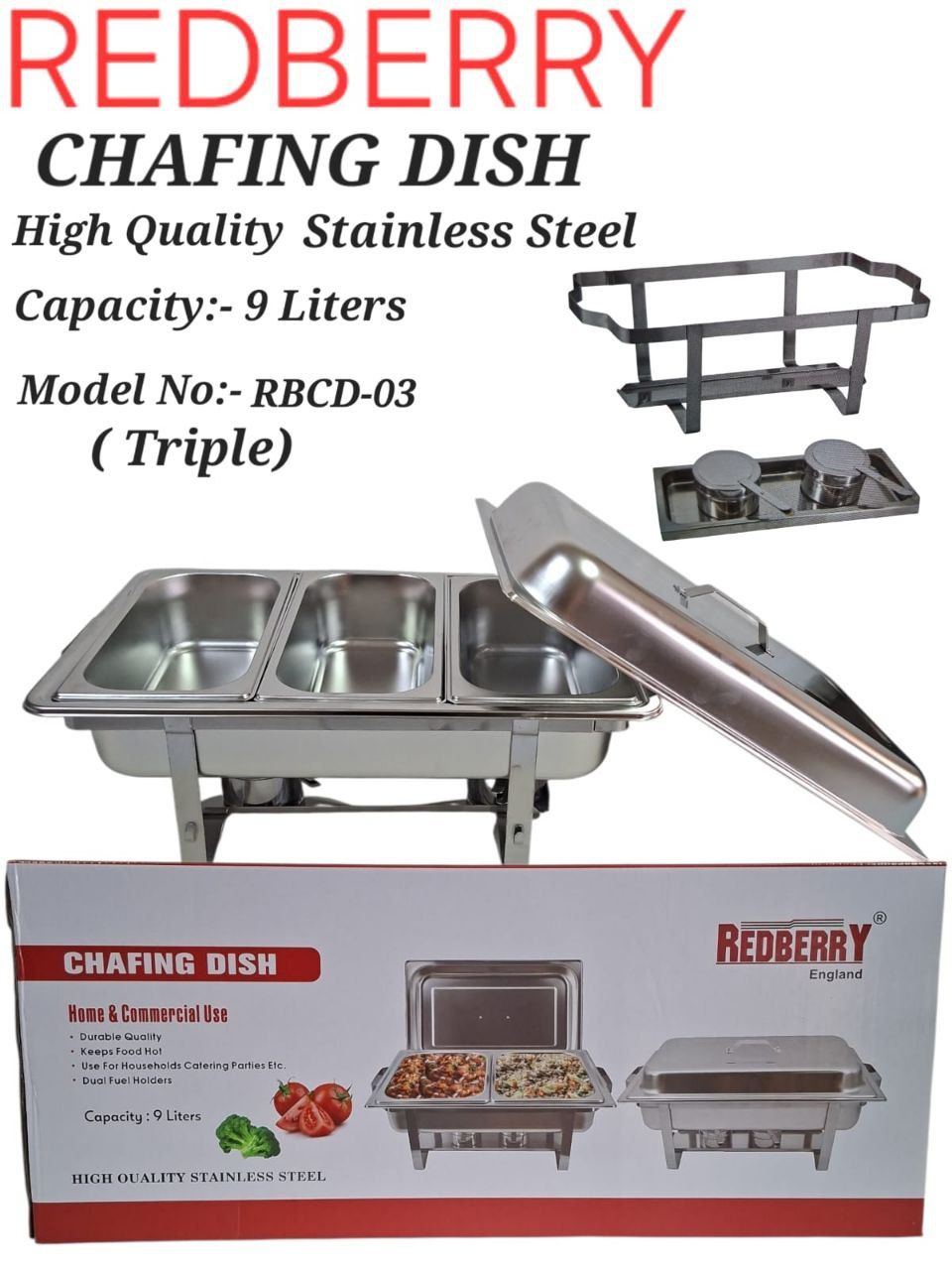 Redberry Chaffing dish 9L Stainless steel Heavy duty Redberry chafing dish for food storage and serving services to keep hot or warm for a longer period of time, single, double or triple partitioned