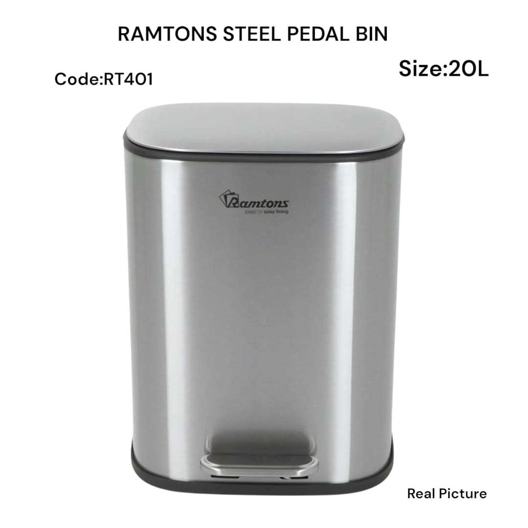 Ramtons 20L stainless steel pedal bin with inner plastic basket soft close lid ramtons pedal bin