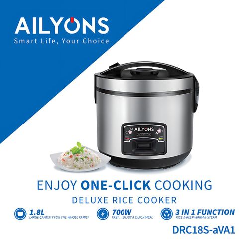 AILYONS DRC18S-AVA1 Deluxe 1.8L Automatic Electric Rice Cooker 3 In 1 with stainless body Silver (1YR WRTY)