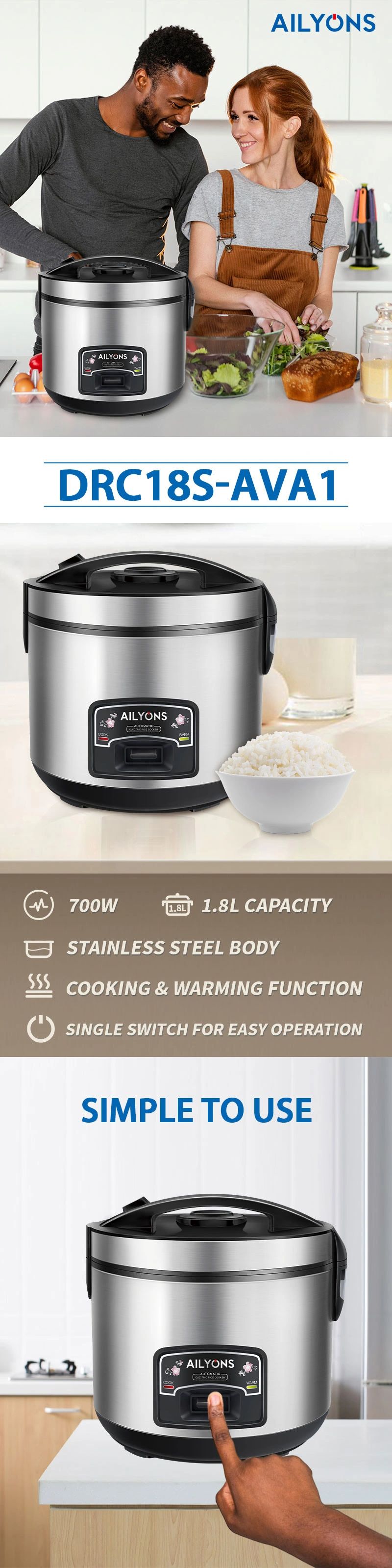 AILYONS DRC18S-AVA1 Deluxe 1.8L Automatic Electric Rice Cooker 3 In 1 with stainless body Silver (1YR WRTY)