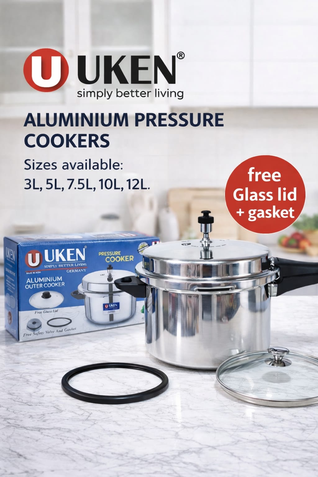 Uken Aluminium pressure cooker with free glass lid and gasket for faster and healthy cooking