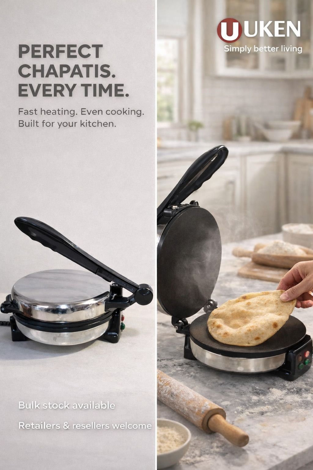 Uken 10 inches Electric Chapati maker / roti maker with non stick surfaces and stainless steel housing for perfect chapatis every time