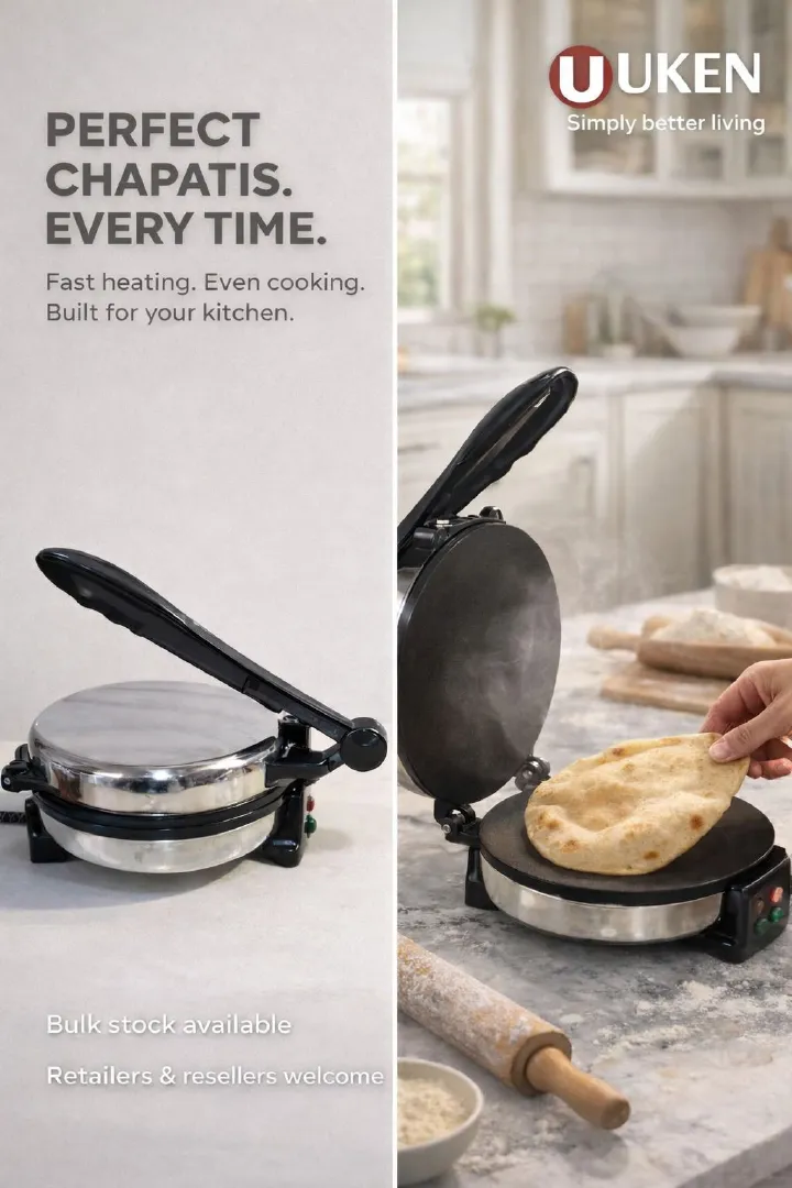 Uken 10 inches Electric Chapati maker / roti maker with non stick surfaces and stainless steel housing for perfect chapatis every time