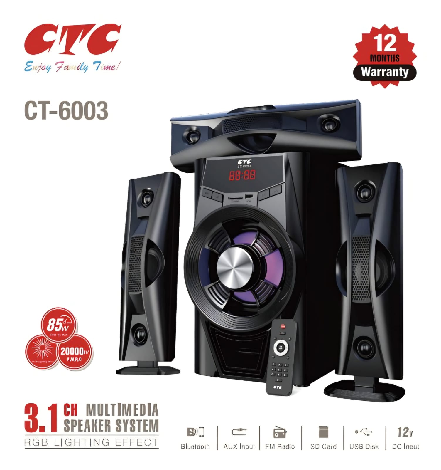 CTC 3.1CH CT-6003 Sub Woofer Speaker System Modern Super Bass High Quality Multimedia Speaker System with Sorround Sound System with remote control 20000W PMPO with 80W power output