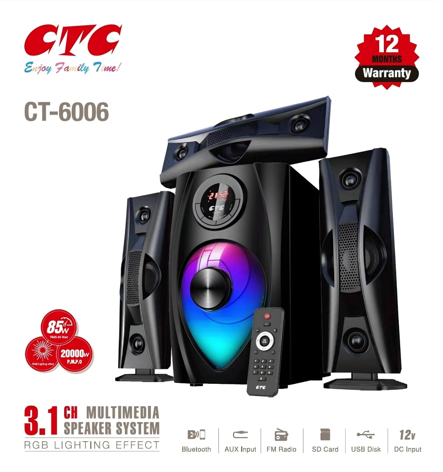 CTC 3.1CH CT-6006 Sub Woofer Speaker System Modern Super Bass High Quality Multimedia Speaker System with Sorround Sound System with remote control 20000W PMPO with 80W power output