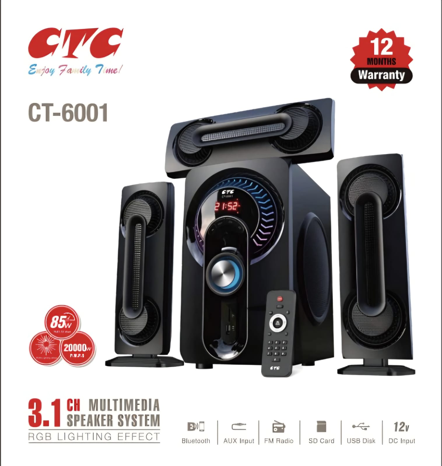 CTC 3.1CH CT-6001 Sub Woofer Speaker System Modern Super Bass High Quality Multimedia Speaker System with Sorround Sound System with remote control 20000W PMPO with 80W power output