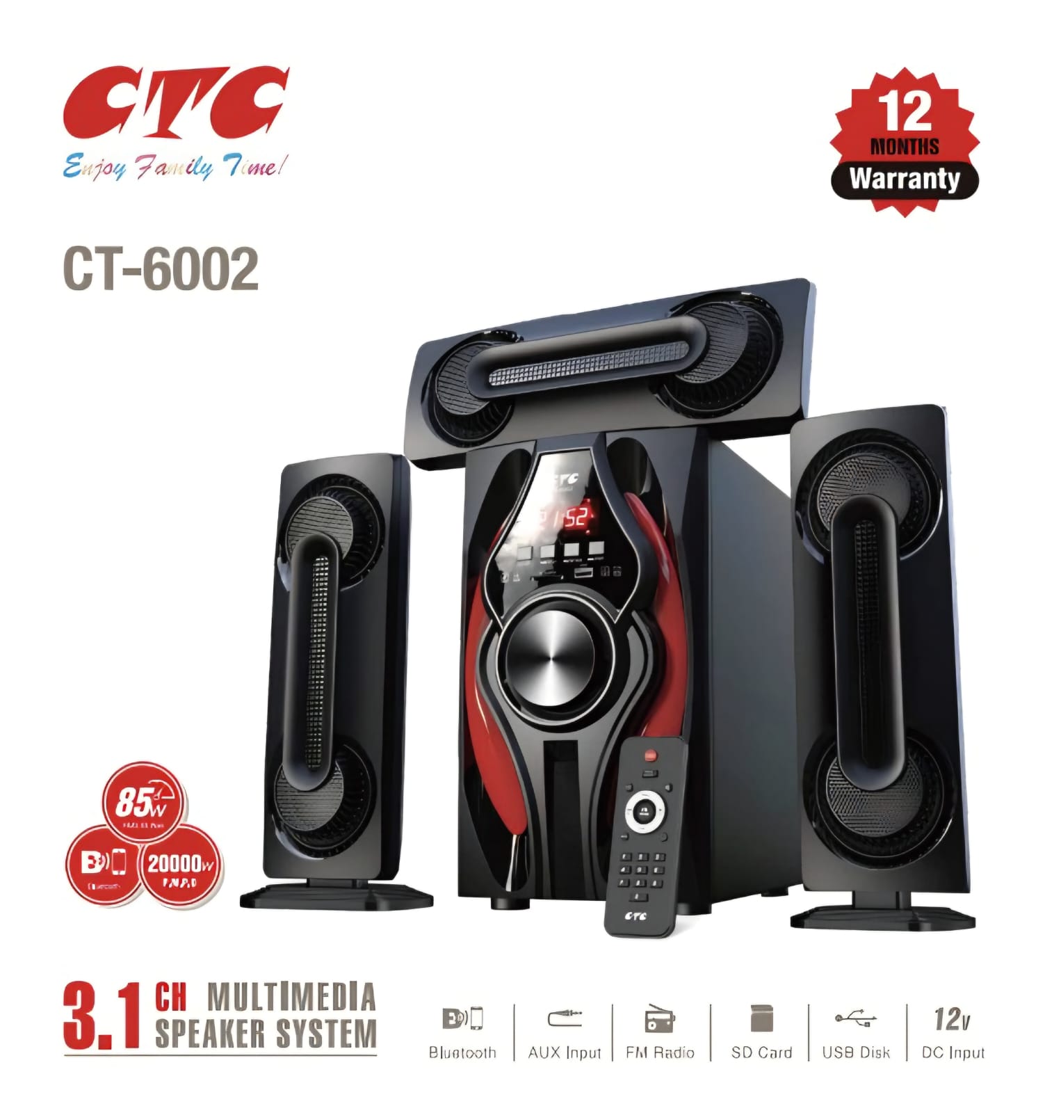 CTC 3.1CH CT-6002 Sub Woofer Speaker System Modern Super Bass High Quality Multimedia Speaker System with Sorround Sound System with remote control 20000W PMPO with 80W power output