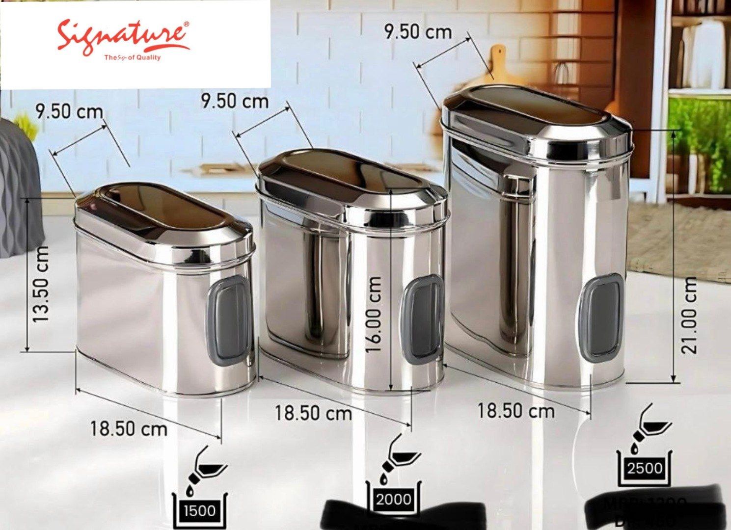 Signature 3pcs Stainless Steel Kitchen Storage Containers Capsule Shape Galaxy Window Canister with Unbreakable Steel Lid - Durable and Elegant Food Storage Jar for Spices, Snacks, Grains 1.5L,2L,2.5L