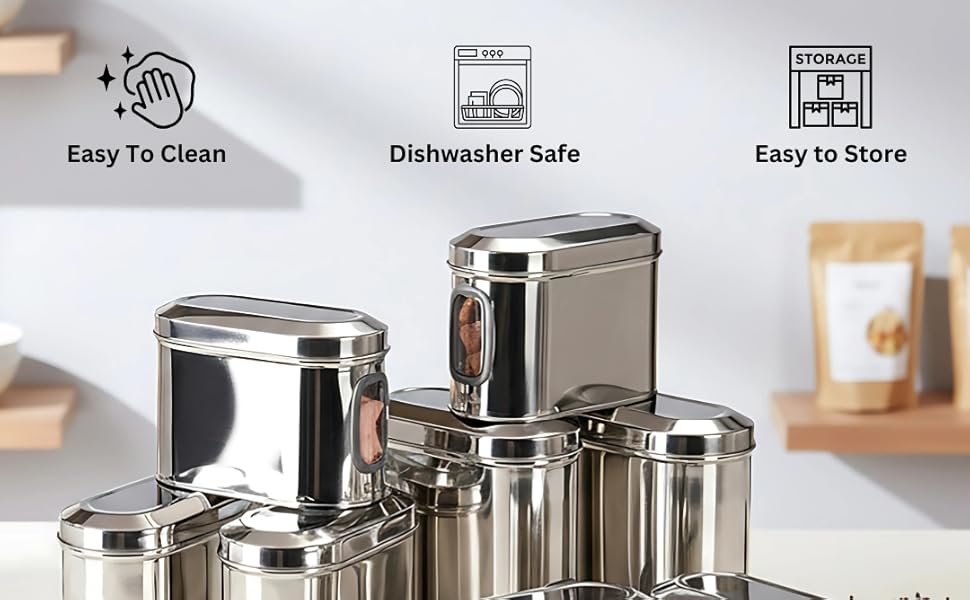 Signature 3pcs Stainless Steel Kitchen Storage Containers Capsule Shape Galaxy Window Canister with Unbreakable Steel Lid - Durable and Elegant Food Storage Jar for Spices, Snacks, Grains 1.5L,2L,2.5L