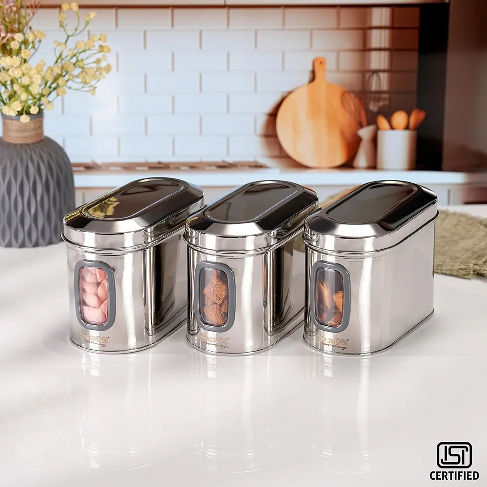 Signature 3pcs Stainless Steel Kitchen Storage Containers Capsule Shape Galaxy Window Canister with Unbreakable Steel Lid - Durable and Elegant Food Storage Jar for Spices, Snacks, Grains 1.5L,2L,2.5L