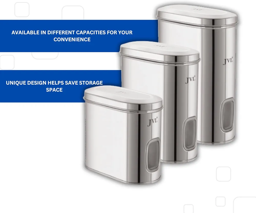 Signature 3pcs Stainless Steel Kitchen Storage Containers Capsule Shape Galaxy Window Canister with Unbreakable Steel Lid - Durable and Elegant Food Storage Jar for Spices, Snacks, Grains 1.5L,2L,2.5L