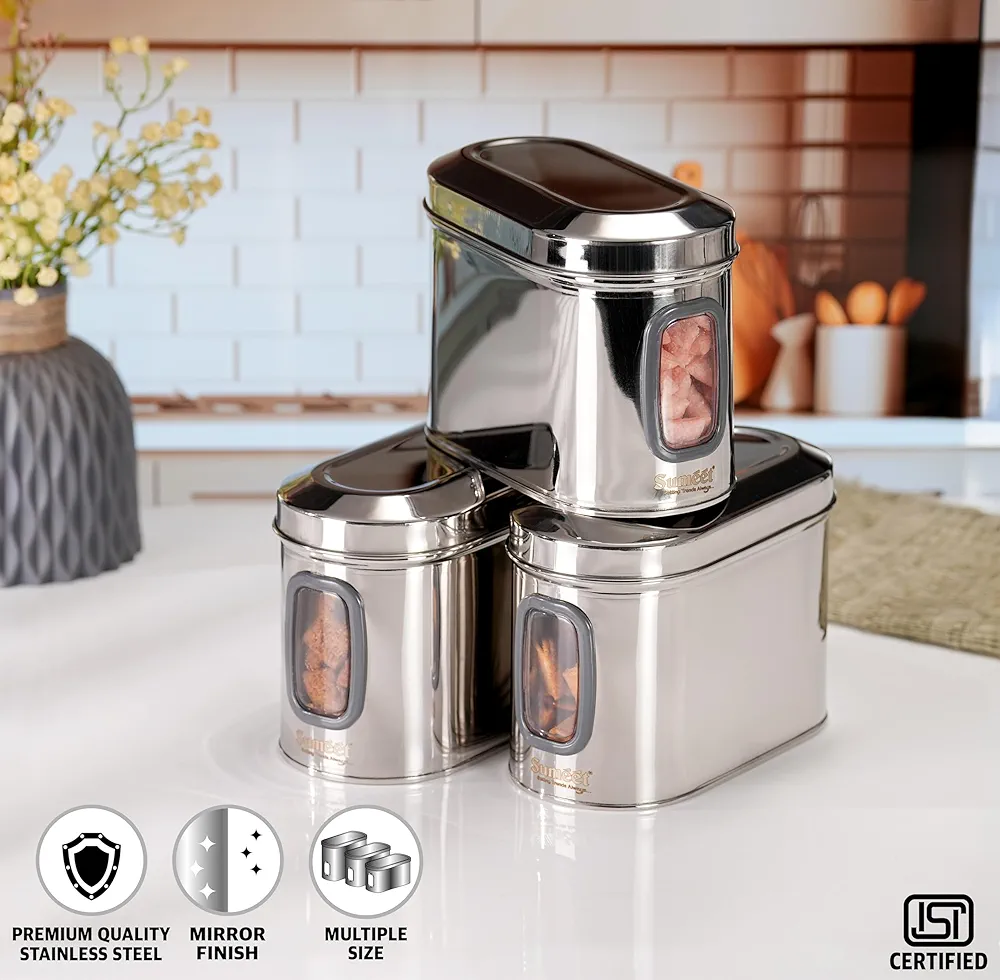 Signature 3pcs Stainless Steel Kitchen Storage Containers Capsule Shape Galaxy Window Canister with Unbreakable Steel Lid - Durable and Elegant Food Storage Jar for Spices, Snacks, Grains 1.5L,2L,2.5L
