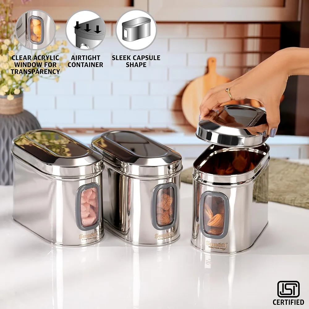 Signature 3pcs Stainless Steel Kitchen Storage Containers Capsule Shape Galaxy Window Canister with Unbreakable Steel Lid - Durable and Elegant Food Storage Jar for Spices, Snacks, Grains 1.5L,2L,2.5L