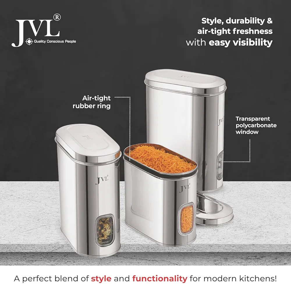 Signature 3pcs Stainless Steel Kitchen Storage Containers Capsule Shape Galaxy Window Canister with Unbreakable Steel Lid - Durable and Elegant Food Storage Jar for Spices, Snacks, Grains 1.5L,2L,2.5L