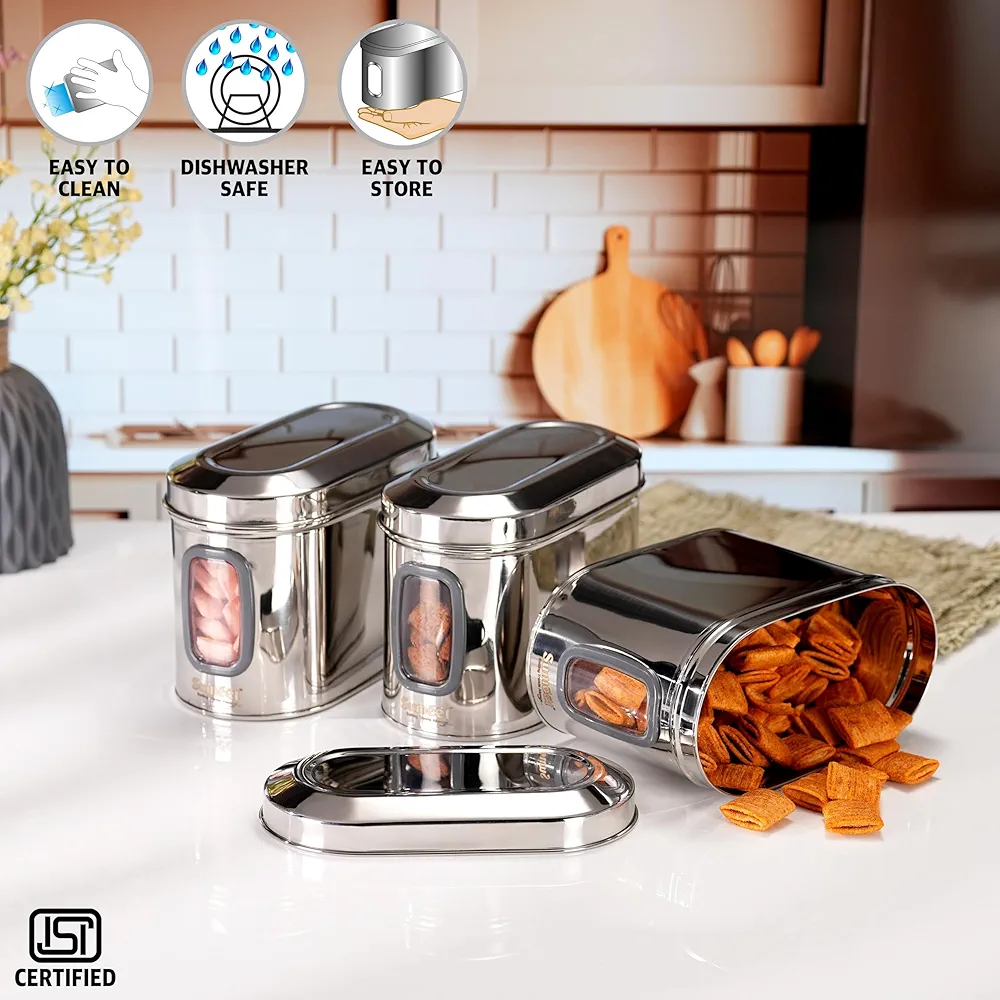 Signature 3pcs Stainless Steel Kitchen Storage Containers Capsule Shape Galaxy Window Canister with Unbreakable Steel Lid - Durable and Elegant Food Storage Jar for Spices, Snacks, Grains 1.5L,2L,2.5L