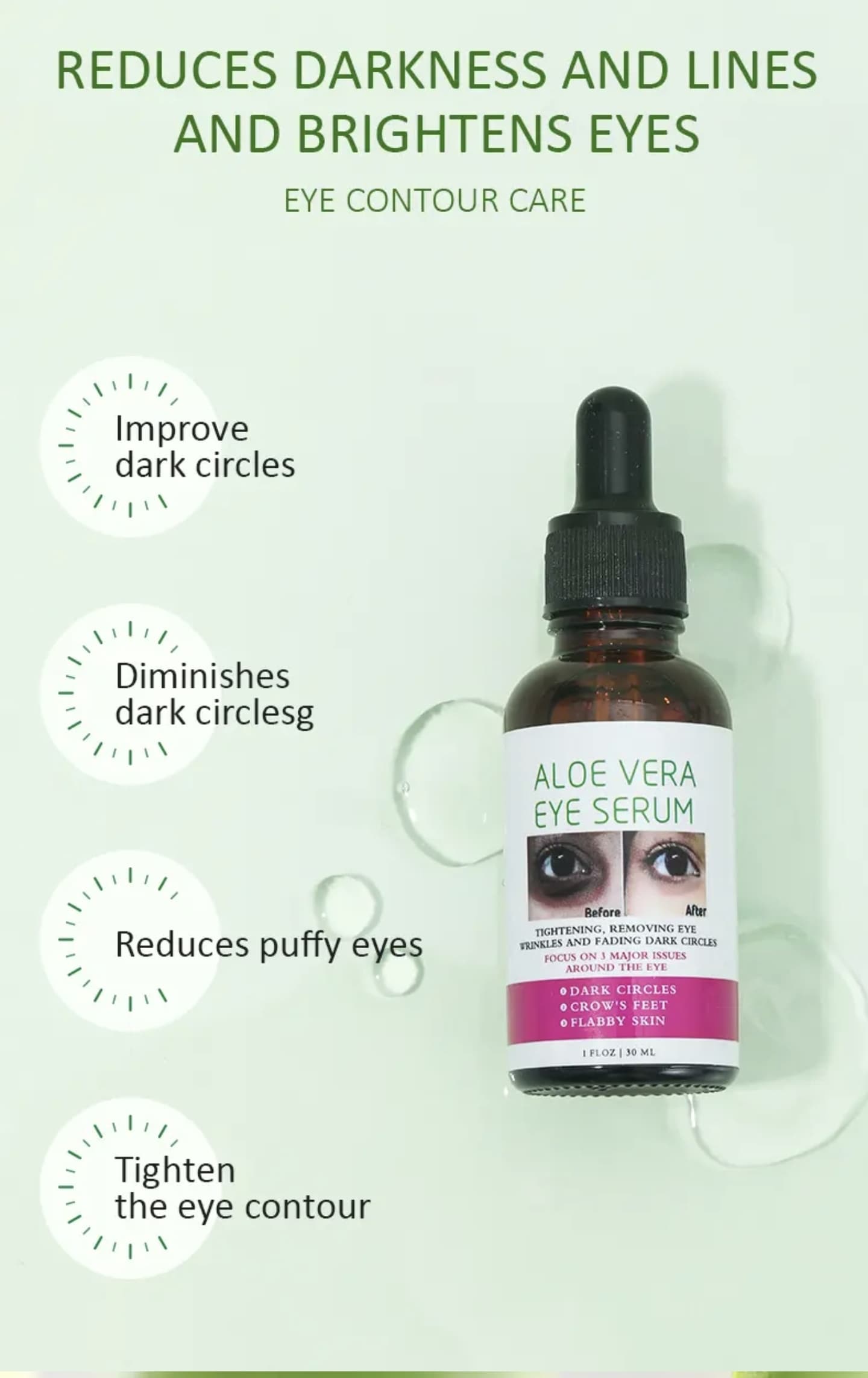New arrival Dark circle removal aloe vera eye serum anti-puffiness anti-wrinkle moisturizer nourishing 30ml eye serum reduce the visibility of dark circles and give your under-eye area smoother