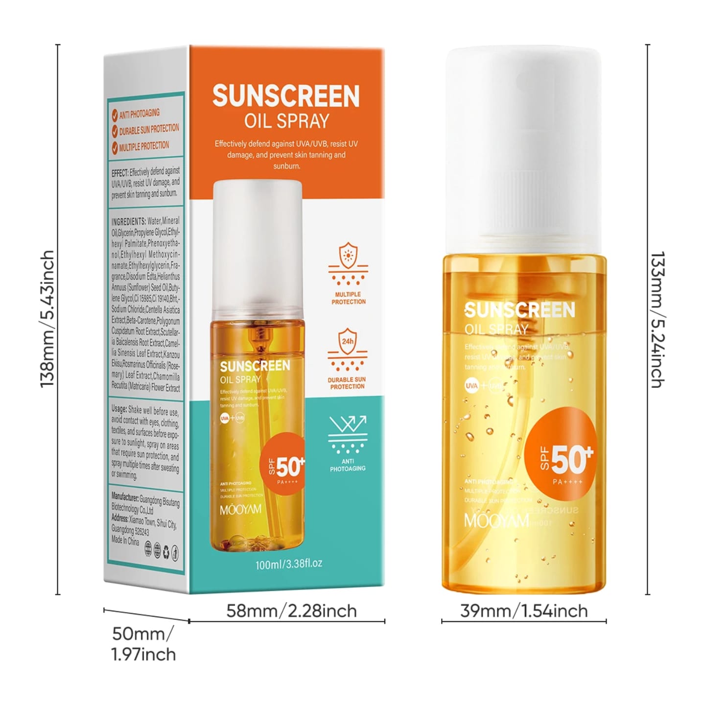Mooyam Sunscreen Oil Spray SPF 50+ – 24H UVA/UVB Protection, Anti-Tanning & Anti-Aging (100ml) Ultimate Sun Protection for Glowing Skin