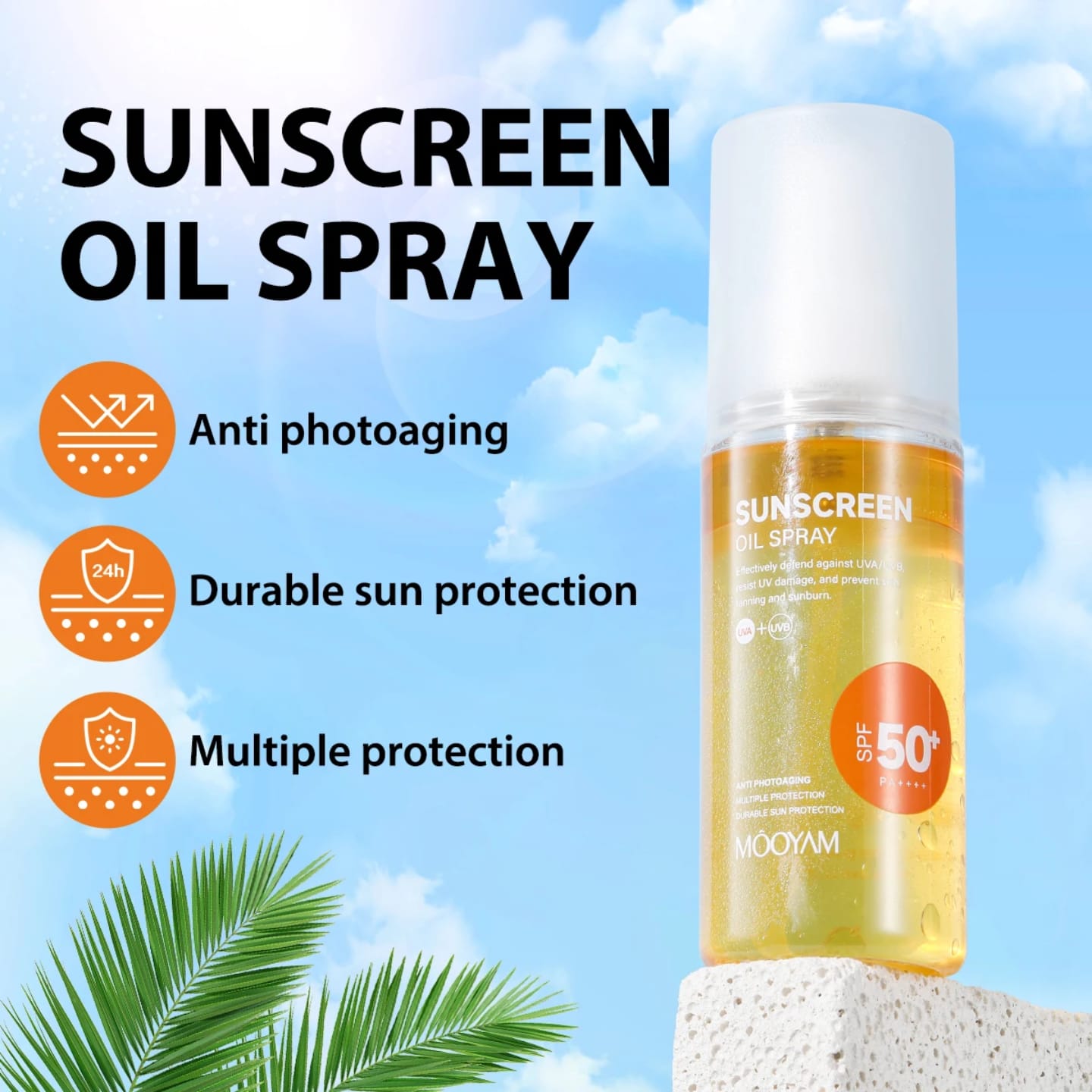 Mooyam Sunscreen Oil Spray SPF 50+ – 24H UVA/UVB Protection, Anti-Tanning & Anti-Aging (100ml) Ultimate Sun Protection for Glowing Skin