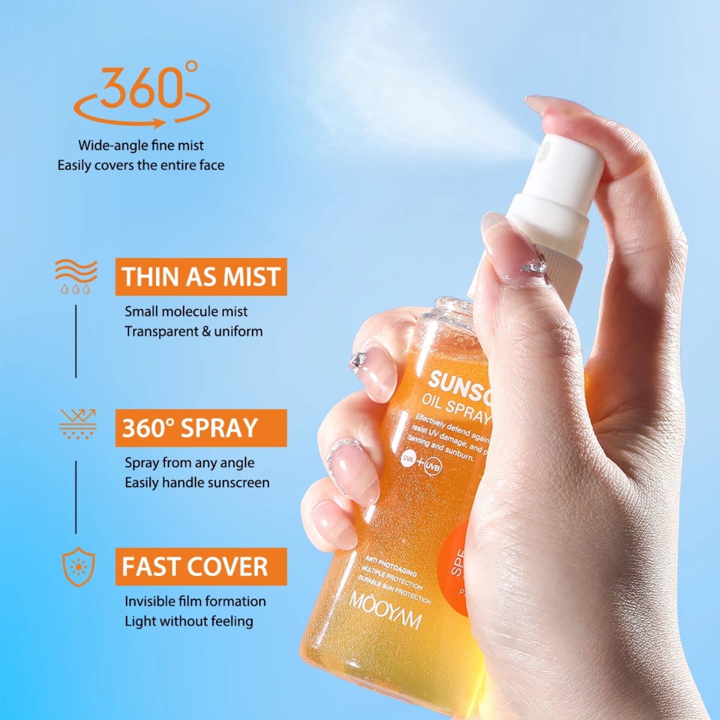 Mooyam Sunscreen Oil Spray SPF 50+ – 24H UVA/UVB Protection, Anti-Tanning & Anti-Aging (100ml) Ultimate Sun Protection for Glowing Skin