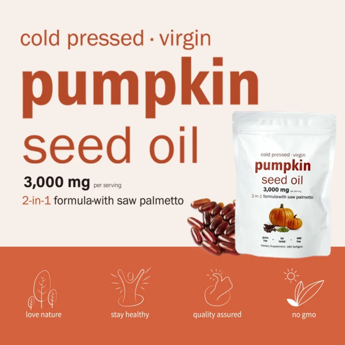 Pure Cold-Pressed Pumpkin Seed Oil 3000mg with Saw Palmetto support prostate health, hair growth, urinary function & hormonal balance for Men’s & Women’s Wellness 180 Softgels