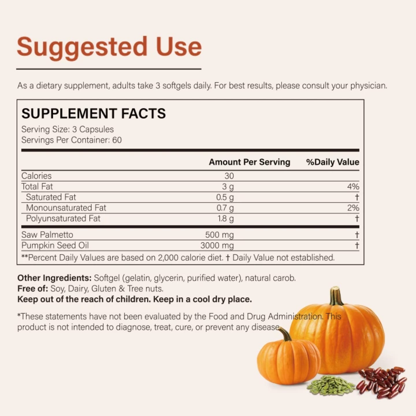 Pure Cold-Pressed Pumpkin Seed Oil 3000mg with Saw Palmetto support prostate health, hair growth, urinary function & hormonal balance for Men’s & Women’s Wellness 180 Softgels