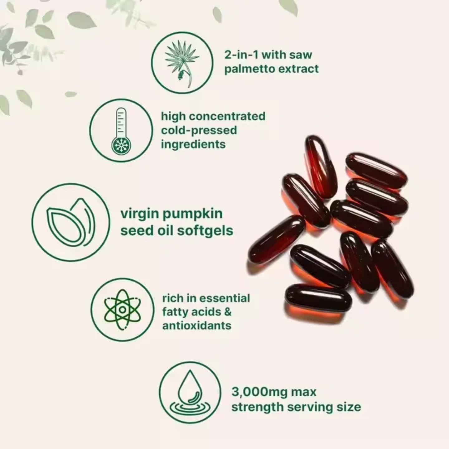 Pure Cold-Pressed Pumpkin Seed Oil 3000mg with Saw Palmetto support prostate health, hair growth, urinary function & hormonal balance for Men’s & Women’s Wellness 180 Softgels