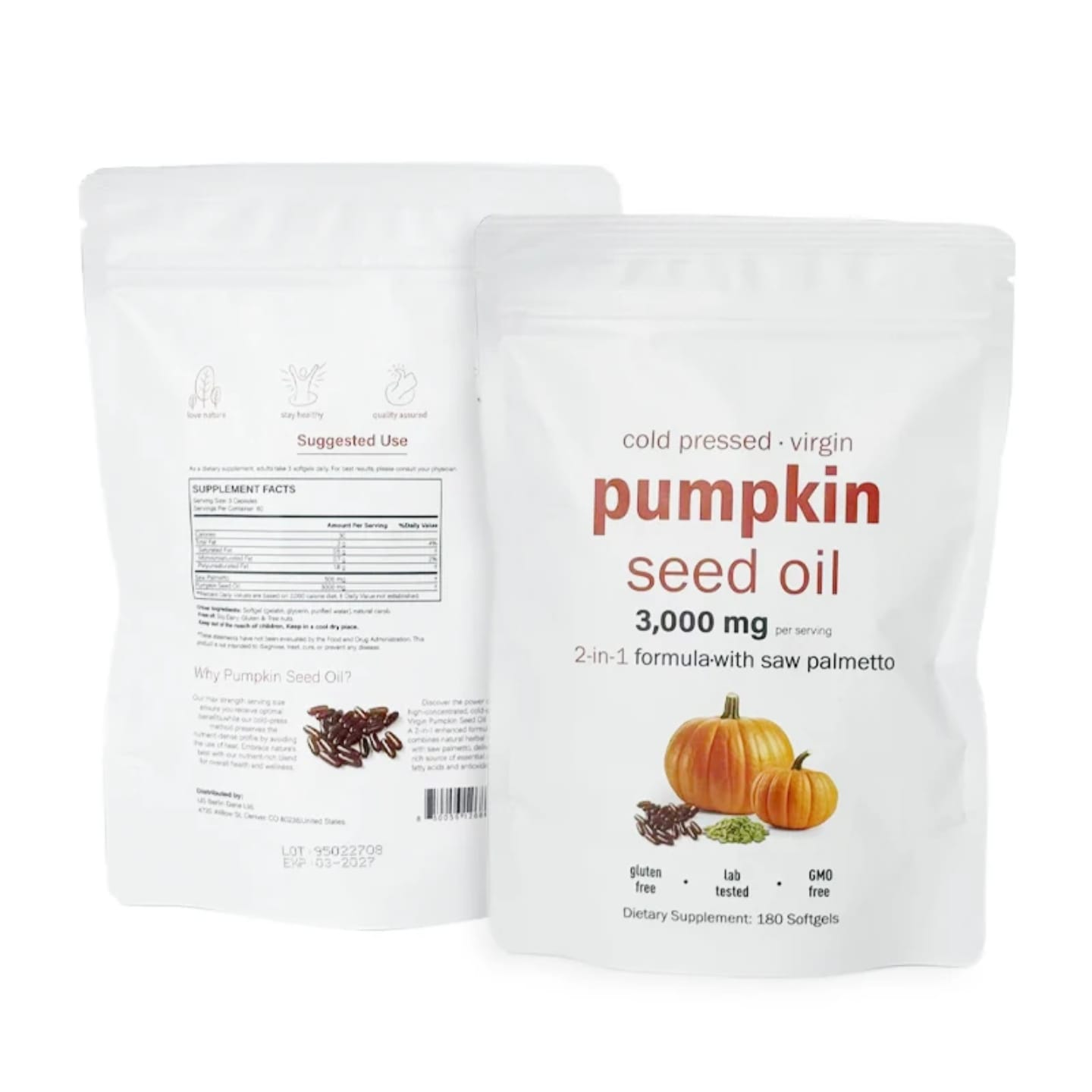 Pure Cold-Pressed Pumpkin Seed Oil 3000mg with Saw Palmetto support prostate health, hair growth, urinary function & hormonal balance for Men’s & Women’s Wellness 180 Softgels