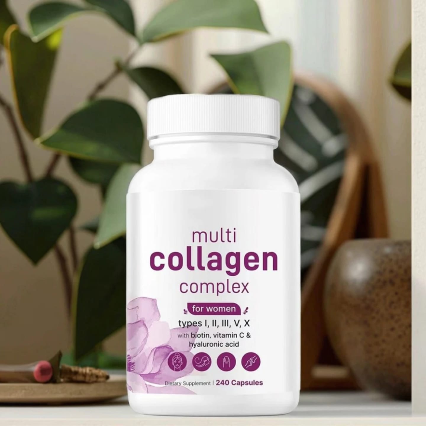 Multi Collagen Complex for Women – Types I, II, III, V, X with Biotin, Vitamin C & Hyaluronic Acid | 240 Capsules | Anti-Aging, Skin, Hair & Joint Support | Dietary Supplement