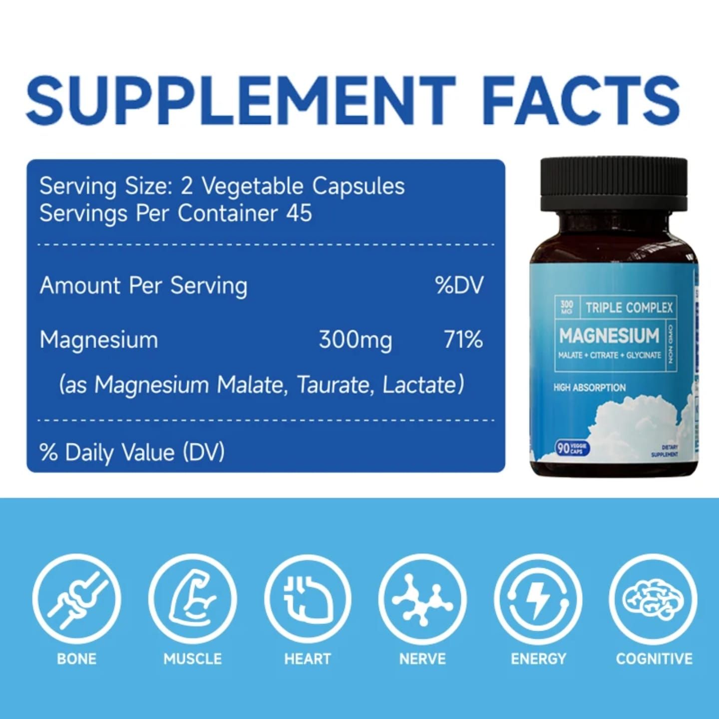 Triple Magnesium Complex Malate, Citrate and Glycinate - Support Muscle, Bone, Heart and Nervous System Health, Boost Energy Improve Sleep