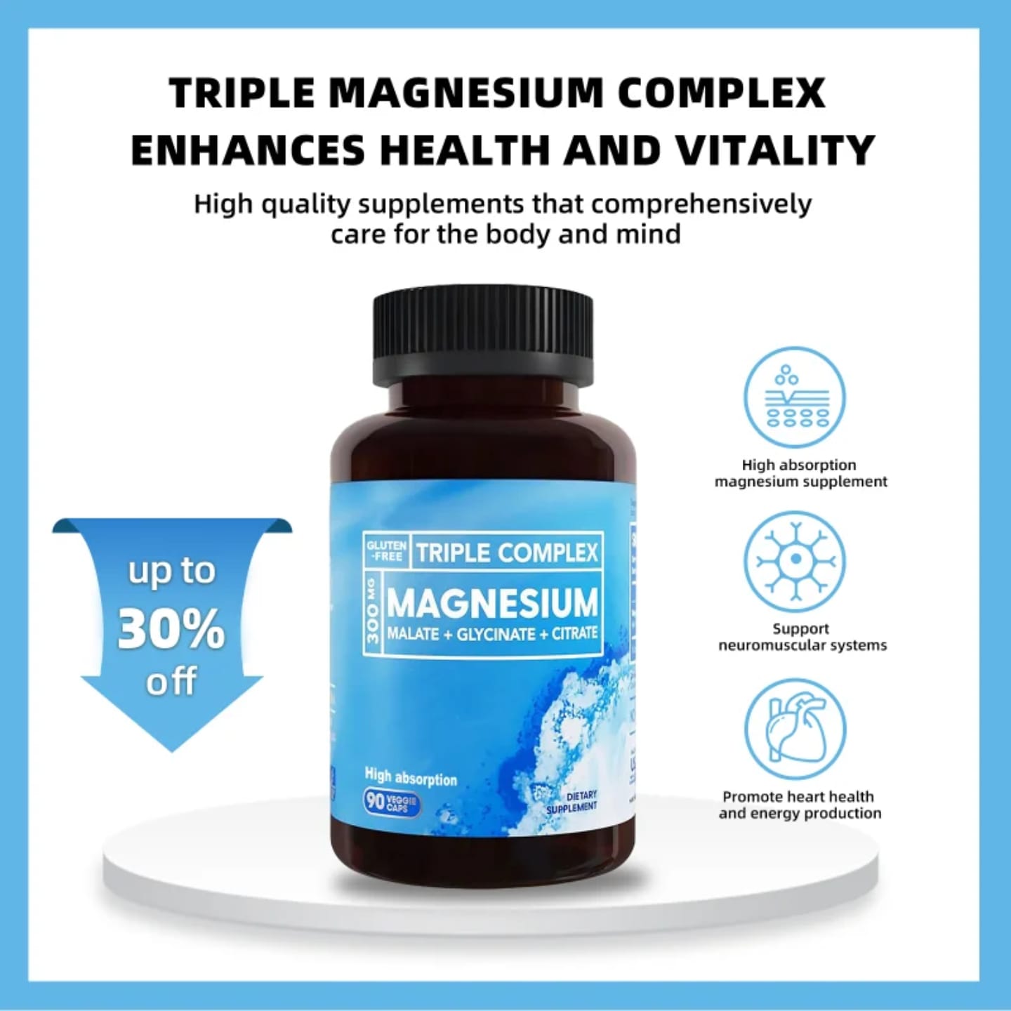 Triple Magnesium Complex Malate, Citrate and Glycinate - Support Muscle, Bone, Heart and Nervous System Health, Boost Energy Improve Sleep