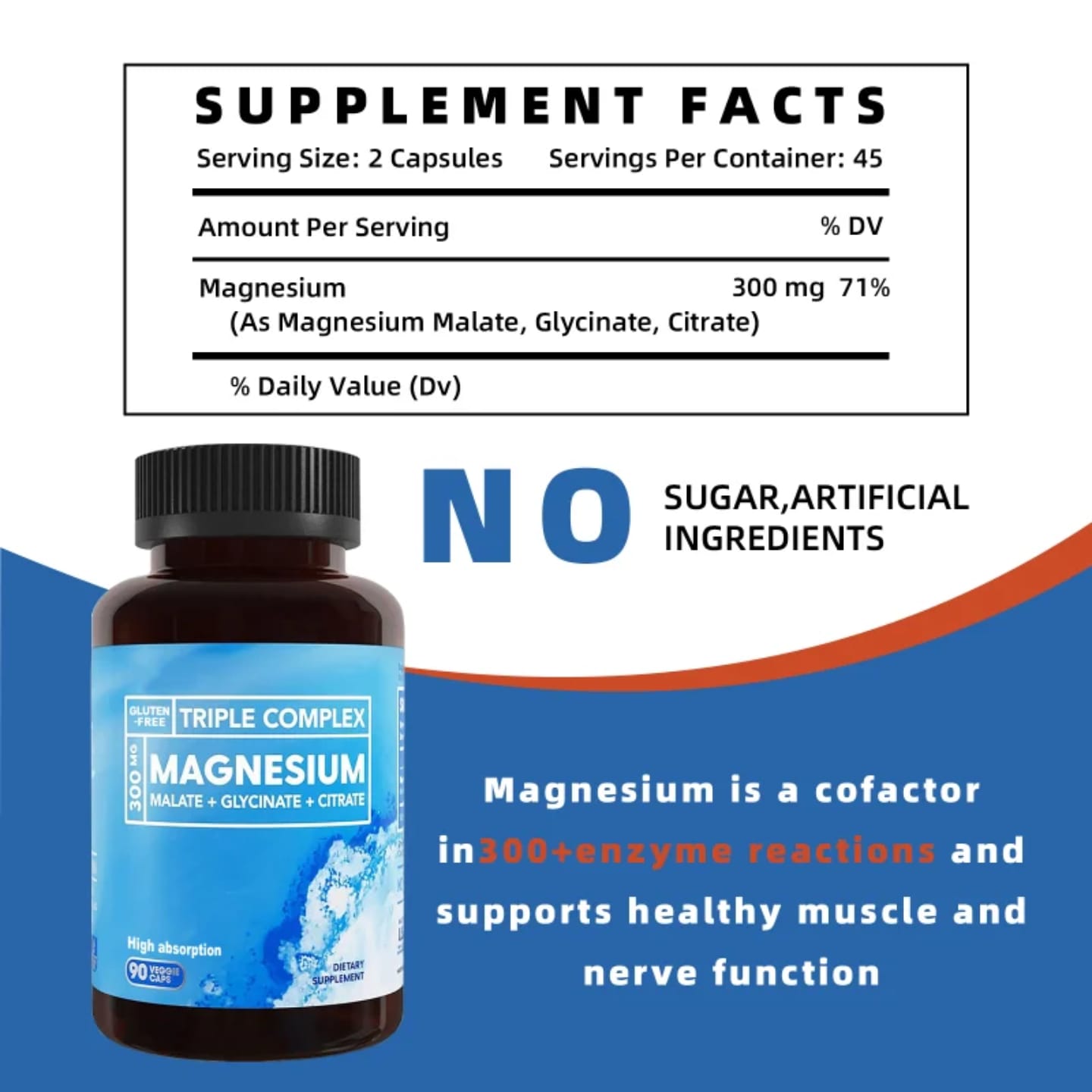 Triple Magnesium Complex Malate, Citrate and Glycinate - Support Muscle, Bone, Heart and Nervous System Health, Boost Energy Improve Sleep