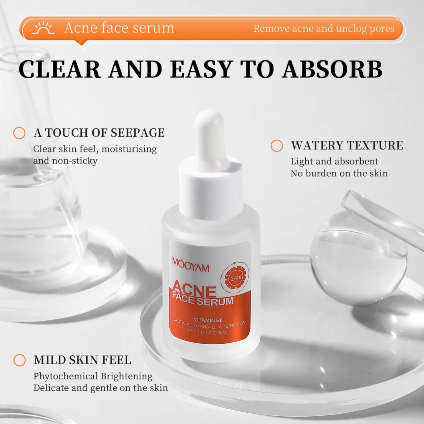 MOOYAM Acne Serum: Your Double Agent Against Breakouts Fade post-acne scars for even tone skin, Dissolve pore-clogging oil & dirt and Calm redness & reduce inflammation