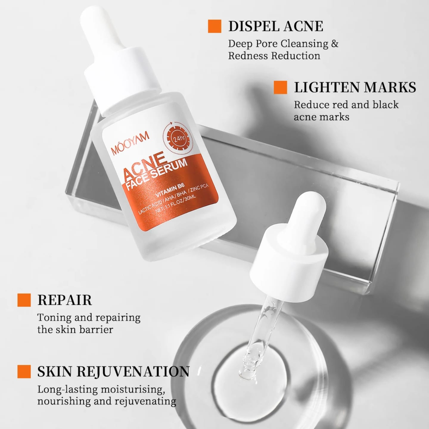 MOOYAM Acne Serum: Your Double Agent Against Breakouts Fade post-acne scars for even tone skin, Dissolve pore-clogging oil & dirt and Calm redness & reduce inflammation