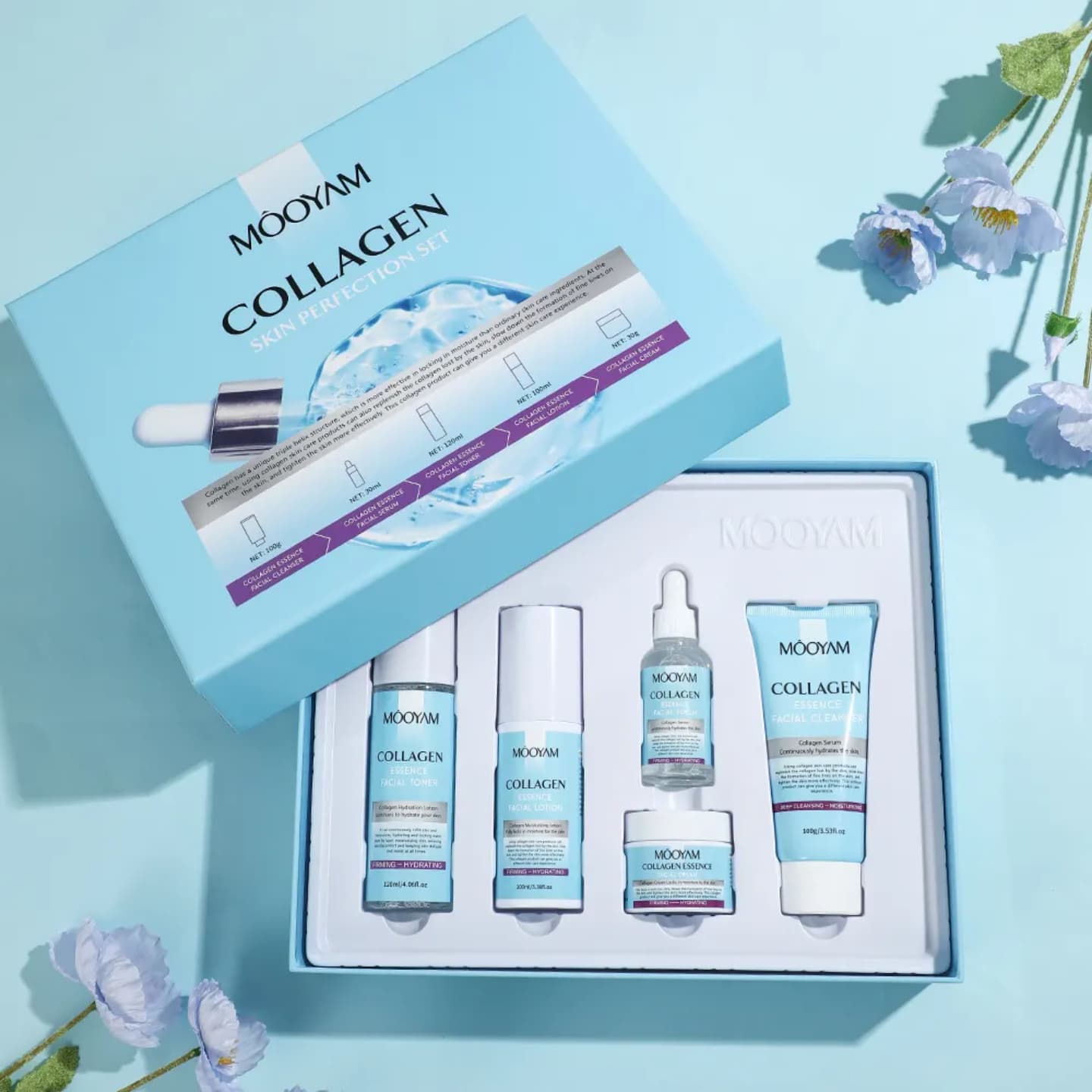 HYDROLYZED COLLAGEN FIRMING SKINCARE SET – 5-PIECE ANTI-AGING KIT FOR WRINKLES, ELASTICITY & YOUTHFUL RADIANCE (CLEANSER, TONER, SERUM, LOTION + CREAM)