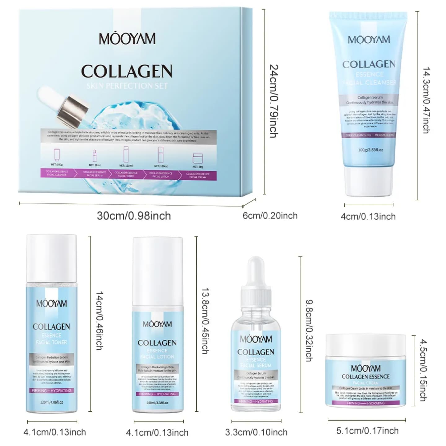 HYDROLYZED COLLAGEN FIRMING SKINCARE SET – 5-PIECE ANTI-AGING KIT FOR WRINKLES, ELASTICITY & YOUTHFUL RADIANCE (CLEANSER, TONER, SERUM, LOTION + CREAM)