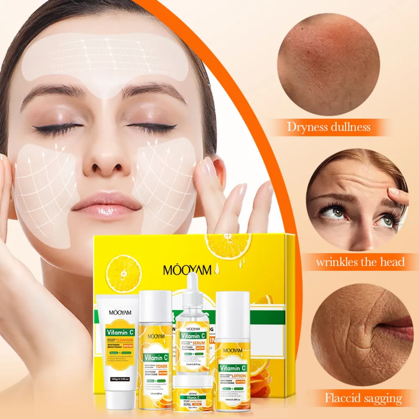 MÔOYAM Vitamin C Brightening Skincare Set – 5-Piece Facial Whitening & Anti-Aging Kit (Cleanser, Toner, VC Serum, Lotion & Cream) – For Even Skin Tone & Radiant Glow (All Genders)