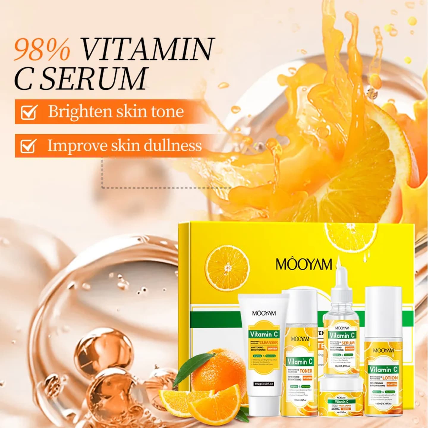 MÔOYAM Vitamin C Brightening Skincare Set – 5-Piece Facial Whitening & Anti-Aging Kit (Cleanser, Toner, VC Serum, Lotion & Cream) – For Even Skin Tone & Radiant Glow (All Genders)