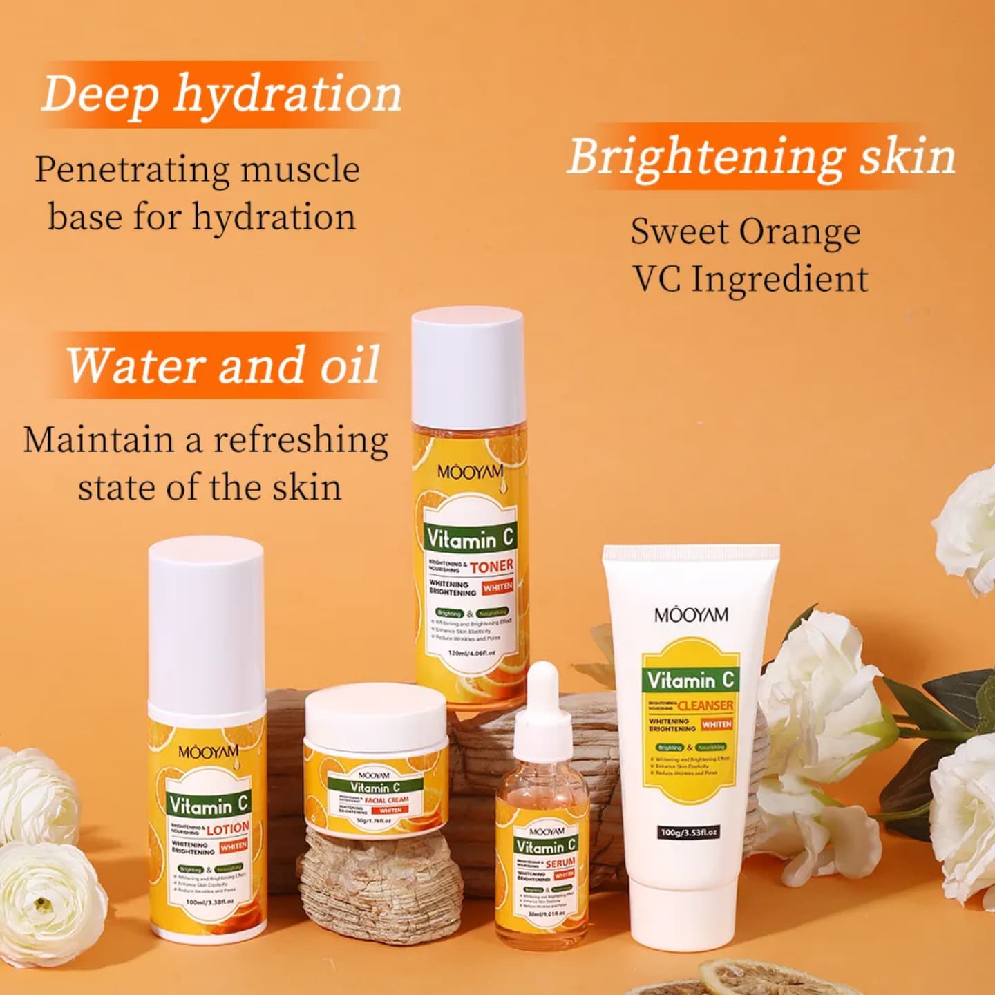 MÔOYAM Vitamin C Brightening Skincare Set – 5-Piece Facial Whitening & Anti-Aging Kit (Cleanser, Toner, VC Serum, Lotion & Cream) – For Even Skin Tone & Radiant Glow (All Genders)