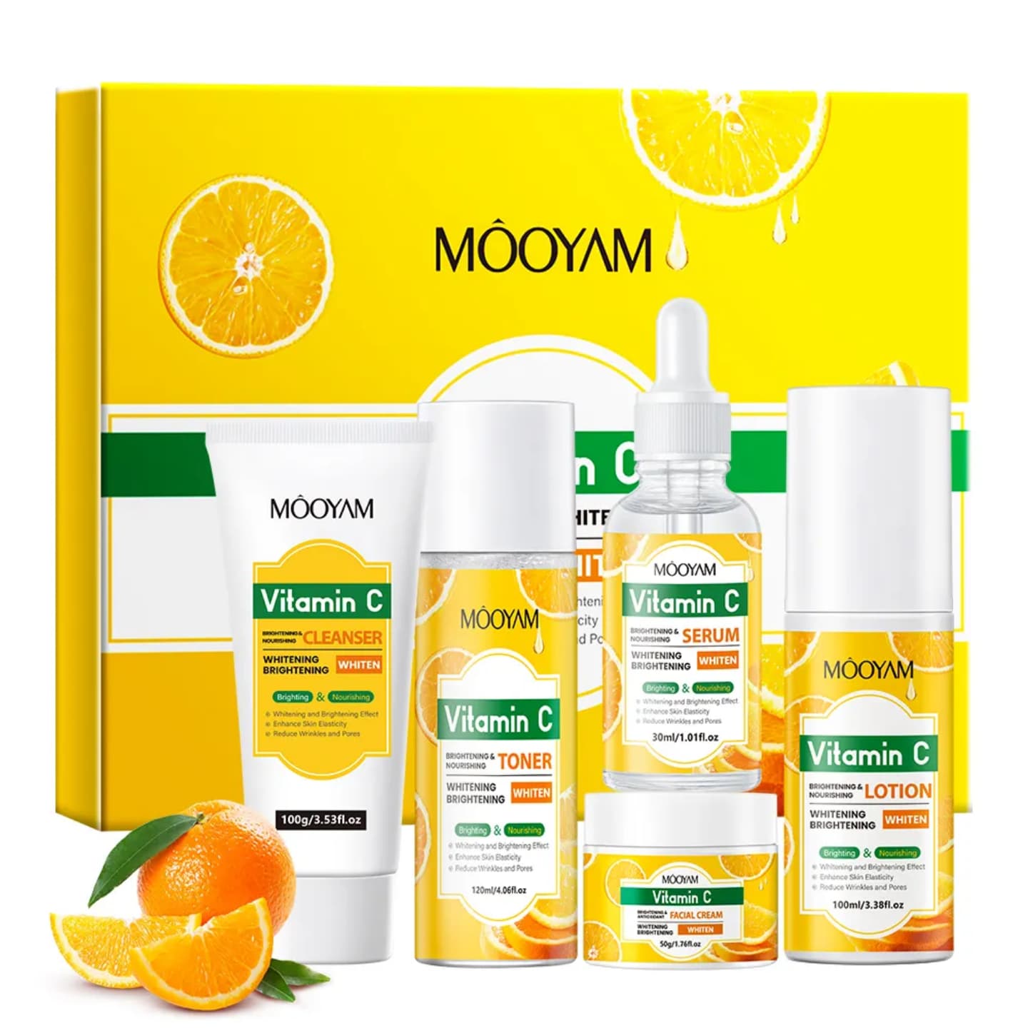 MÔOYAM Vitamin C Brightening Skincare Set – 5-Piece Facial Whitening & Anti-Aging Kit (Cleanser, Toner, VC Serum, Lotion & Cream) – For Even Skin Tone & Radiant Glow (All Genders)